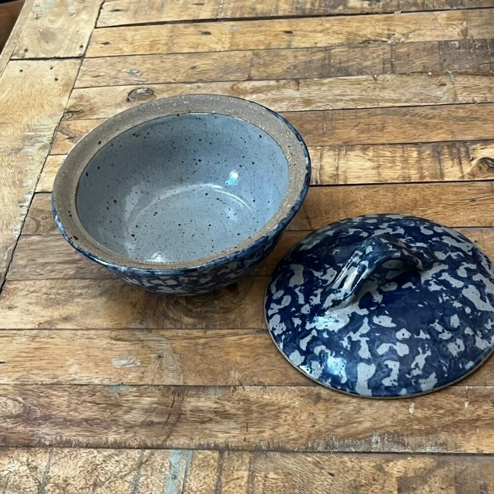 1992 Bastine Pottery Casserole Lidded Dish Blue Stoneware Signed Vintage - Picture 5 of 13